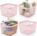4 Pack Metal Mesh Basket with Hollow Handles Pink Wire Storage Bin for Organizing Stackable Metal Fine Mesh Basket for Pantry Bathroom Kitchen Cabinets Shelves