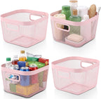 4 Pack Metal Mesh Basket with Hollow Handles Pink Wire Storage Bin for Organizing Stackable Metal Fine Mesh Basket for Pantry Bathroom Kitchen Cabinets Shelves