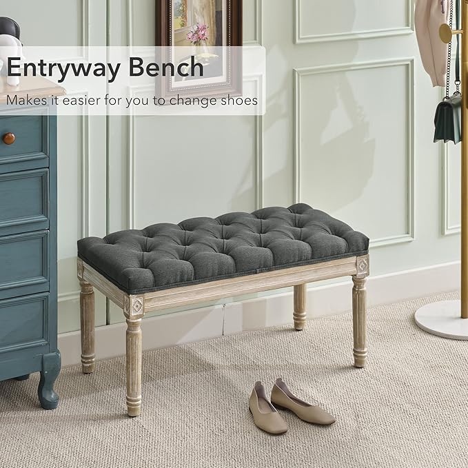LOULENS French Vintage Entryway Bench, Linen Fabric Tufted Bench, Upholstered End of Bed Bench with Brushed Wood Legs, Dark Grey