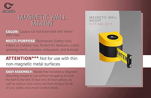 Crowd Control Warehouse - CCW Series WMB-220 Magnetic Wall Mount Retractable Belt Barrier -15 Foot, Caution Do Not Enter with Yellow ABS Case