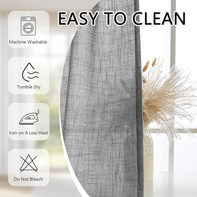 MYSKY HOME Grey Bedroom Curtains Semi Sheer Light Filtering Privacy Drapes Linen Look Textured Boho Country for Living Room, Pinch Pleated Curtain for Dining Room, 40 x 90 in, Dark Grey, 2 Panels