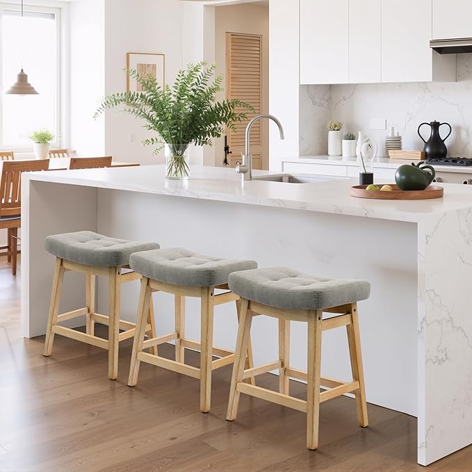Counter Height Bar Stools Set of 3 for Kitchen Counter Farmhouse Modern Barstools with Upholstered Fabric Backless Seat and Solid Wood Legs 24 inch Bar Chairs, Grey + Wood Color