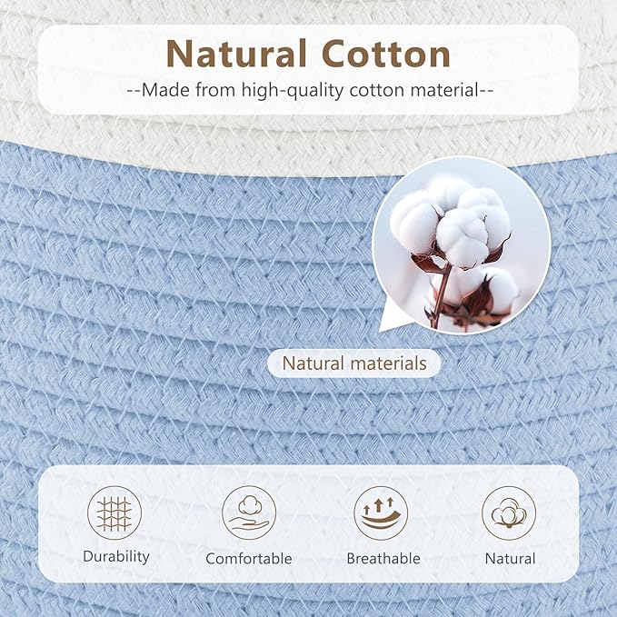 Cotton Rope Basket, Storage Baskets with Handle, 15x10x9 Inch Woven Basket for Shelves, Laundry, Towels, Clothes, Books (White/Blue 1Pack)