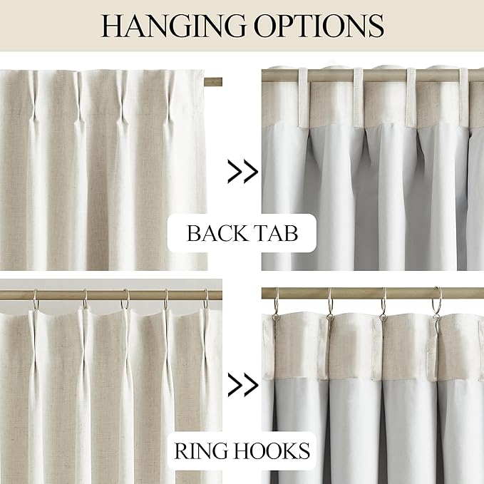 Vision Home Natural Pinch Pleated Full Blackout Curtains Linen Blended Room Darkening Window Curtains 102 inch for Living Room Bedroom Thermal Insulated Pinch Pleat Drapes with Hooks 40" Wx102 Lx2