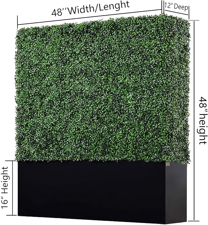 Artificial Boxwood Hedge Wall with Black Stainless Steel Base, Outdoor and Indoor Backdrop Divider Privacy Screen and Decorative Wall for Patio, Balcony, Restaurant, Various Events 48" W*12" D*48" H