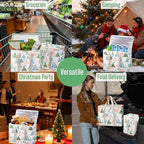 VENO 2 Pack Cooler Bag, Insulated Grocery Bags for Food Delivery, Collapsible Cooler, Reusable Shopping Bags for Groceries, Hard Bottom, Zippered, Foldable, Christmas Pattern (Pastel Forest, 2 Pack)