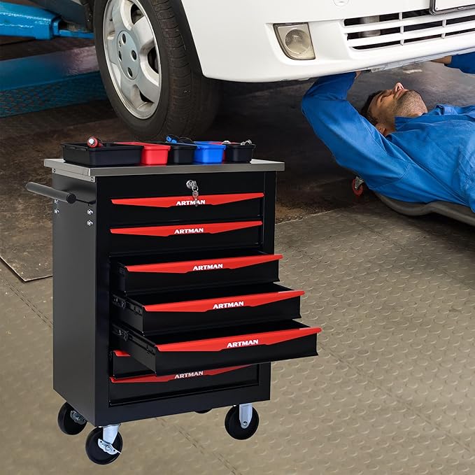 7 Drawers Tool Cart on Wheels with Stainless Steel Worktop, Heavy Duty Mobile Rolling Drawer Tool Chest with Locking Wheels & Lockable Drawers, Garage Tool Storage Cabinet (Black, 7 Drawers)