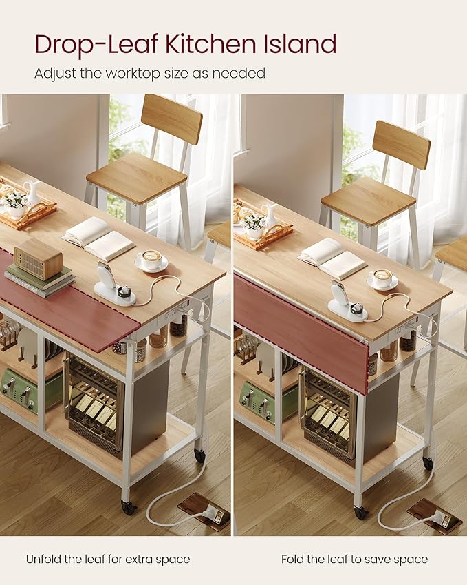 VASAGLE Kitchen Island with Drop Leaf, 47.2" Width Rolling Kitchen Cart with Power Strip, Extendable Worktop, Workbench,Pegboard, Adjustable Shelf, Golden Oak and Cloud White UKKI013Y01
