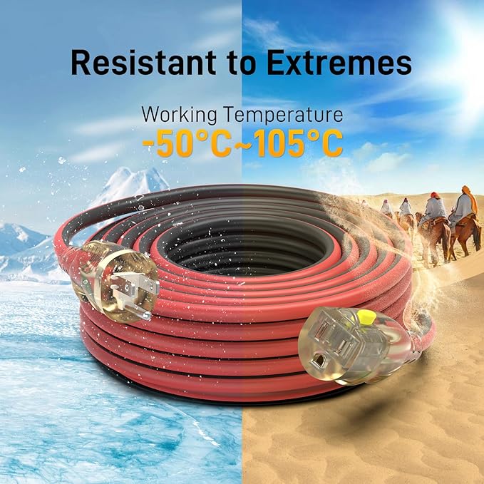 25FT 14/3 Gauge Heavy Duty Outdoor Extension Cord Waterproof with Locking LED Lighted Plugs, SJEOW All-Weather Jacket (-50°C to 105°C), 15amp 1875W, 3 Prong, ETL Certified