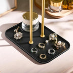 pickpiff Necklace Holder Jewelry Organizer Stand – 2‑Tier T‑Bar Jewelry Display Tree with Tray for Countertop Necklace Bracelet Earring Storage, Vanity Dresser Bathroom Sink, Black-Gold