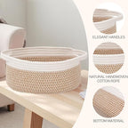 Woven Basket,Small Rope Storage Bin with Handles & Ribbon Bag, Organizer for Shelves Closets,Gift Basket Empty for Birthday,Books,Dog Toys, White&Brown Block/2 Pack