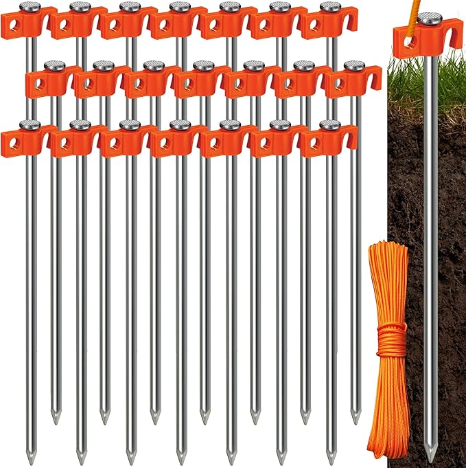 Tradesparker Tent Stakes 22-Pack 10Inch Heavy Duty Garden Stakes Canopy Anchors Double-Sided Hook Design - Includes Ropes for Camping Tents, Pop Up Canopies and Outdoor Events, Orange