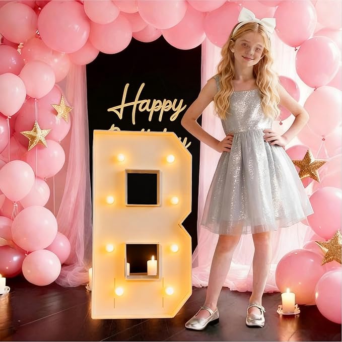 3FT/36 Inch Marquee Light up letters with Warm Lights,White Marquee letter A-Z for Birthday Party Large Mosaic Frame Letter Cardboard Pre-Cut Foam Board Sign Diy Decorations Anniversary (B)
