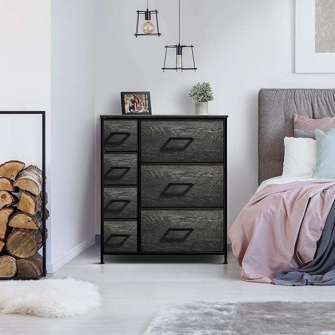 Sorbus Dresser with 7 Faux Wood Drawers - Storage Unit Organizer Chest for Clothes - Bedroom, Hallway, Living Room, Closet, & Dorm Furniture - Steel Frame, Wood Top, & Easy Pull Fabric Bins