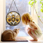 Stained Glass Window Hanging - Bee Sunflower Yellow Suncatcher Ready to Hang Window Doors Home Decoration and Christmas, Mother's Day Birthday Gifts for Women, Men, and Mom 9.8x9.8 in