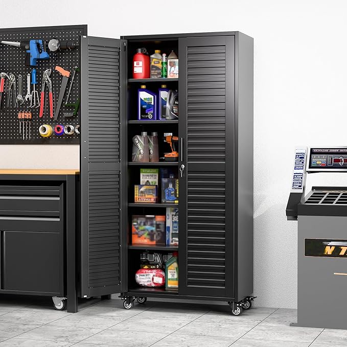 Aobabo Metal Storage Cabinet with Wheels, Locking Steel Storage Cabinet with 5 Shelves,15.75" D x 31.5" W x 71" H, for Garage School Office, Black