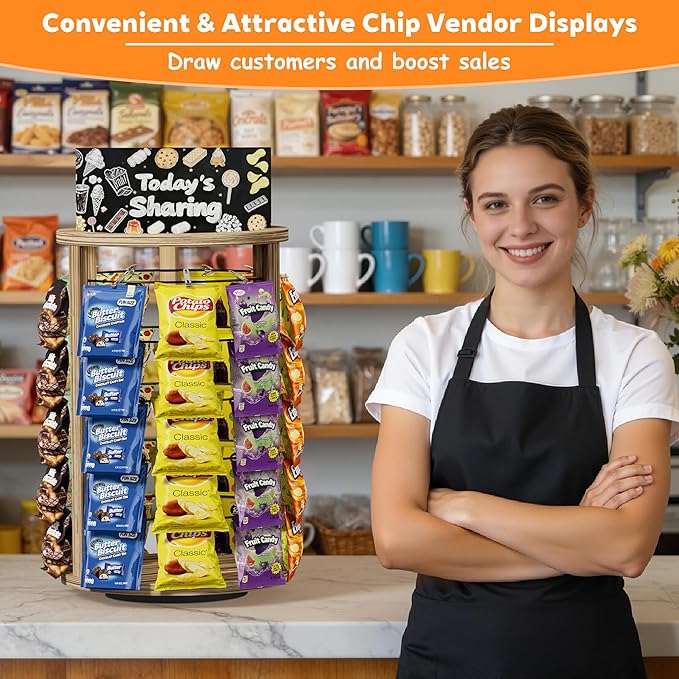 5 Tier 50 Clips 360°Rotating Snack Organizer, Wooden Chip Rack Display Stand - Chip Bag Holder Candy Display with Message Board for Countertop Home Office Party Retail Concession Stand