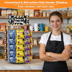 5 Tier 50 Clips 360°Rotating Snack Organizer, Wooden Chip Rack Display Stand - Chip Bag Holder Candy Display with Message Board for Countertop Home Office Party Retail Concession Stand
