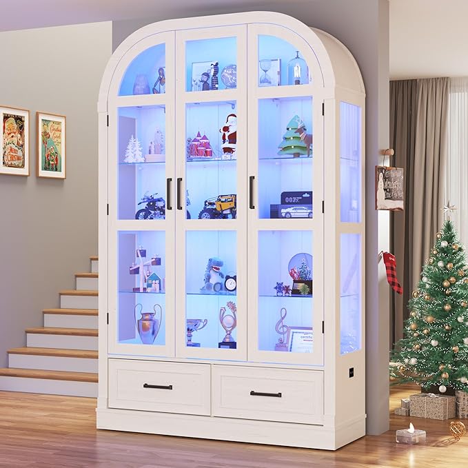 Arched Display Cabinet with 3 Glass Doors,5-Tier Curio Cabinet W/3 Color Lights for Collectibles,78'' Tall Curio Cabinet W/2 Drawers,Modern Display Case W/Human Body Sensor for Living/Game Room,Arche