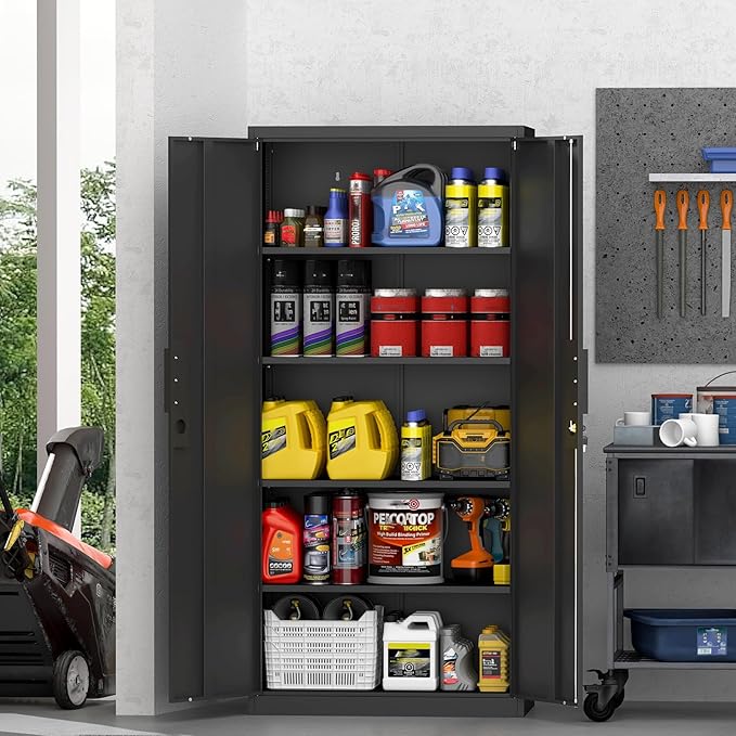 Metal Garage Storage Cabinets,Locking Garage Cabinets with 2 Door and 4 Adjustable Shelves,Steel Tall Cabinet for Home Office,Warehouse,School,Black