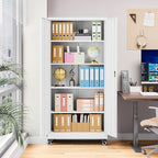 Metal Storage Cabinet with Wheels, Tall Garage Storage Cabinet with 4 Adjustable Shelves and 2 Doors, Lockable Tool Cabinet for Garage Home Office,Gym,School (White)