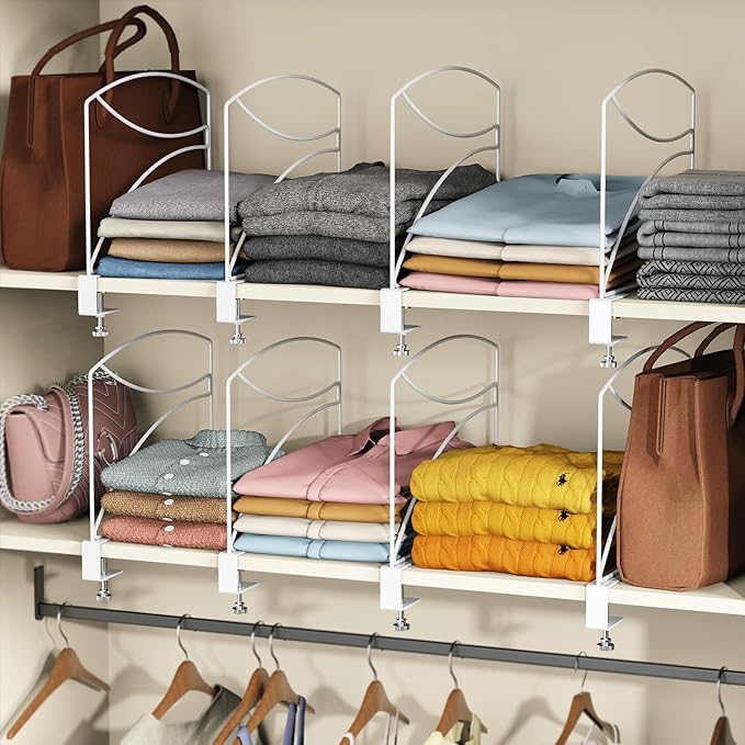 2-Piece Wire Shelf Dividers for Closet Organization, Upgraded C-Clips Adjustable Metal Shelf Dividers Suitable For Bedrooms & Kitchens, Storage Helper for Handbag Sweater Shirt Ankle Boots, White