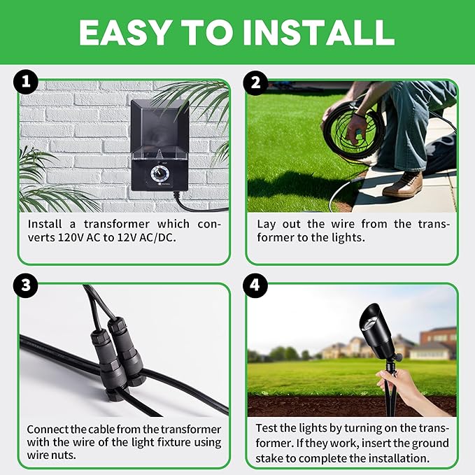 Outdoor Low Voltage Lighting Kit, with 12 Pack Black LED Landscape Spotlight and 200W Transformer and 250FT Cable and 40 Wire Connectors, Waterproof Aluminum Fixture for Lawn Yard Home