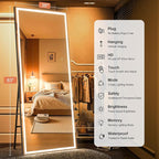 Full Length Mirror with Lights, 83" x 36" Large LED Lighted Floor Standing Body Mirror, Dimmable & 3 Color Lighting for Bedroom, Cloakroom, Dressing Room, Tempered Glass, Square Black