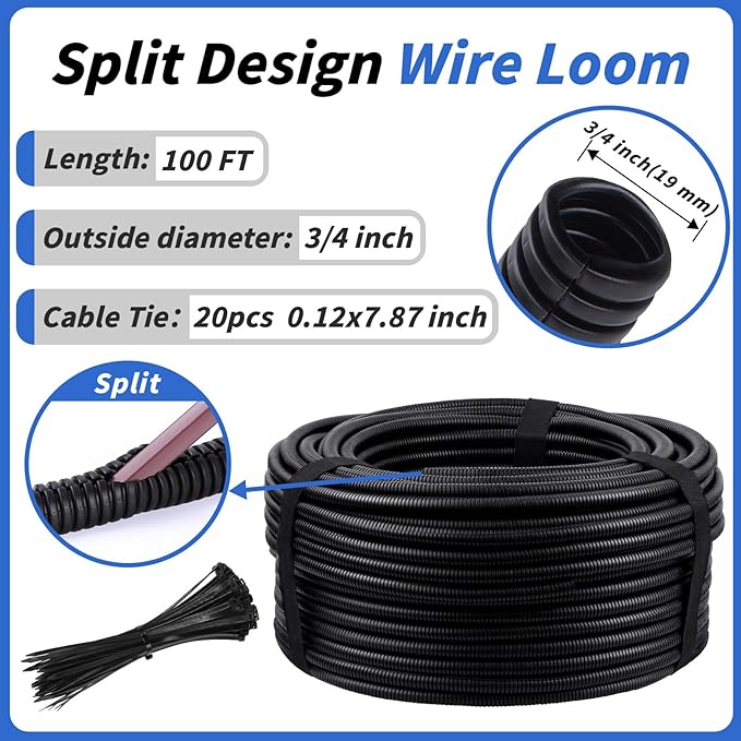 100FT Split Wire Loom Tubing, 3/4 Inch Wire Protector Tubing, Automotive Wire Flexible Conduit Cord Covers with 20 Cable Ties for Automotive Marine RV Agriculture Electrical Cable Protection
