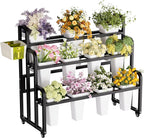 Heavy Duty 3-Layer Metal Flower Display Stand, 11-Bucket Flower Bar with Tool Basket, Thickened Frame & 360° Swivel Wheels, Flower Cart for Patio, Garden, Florist, Wedding & Party (Black)