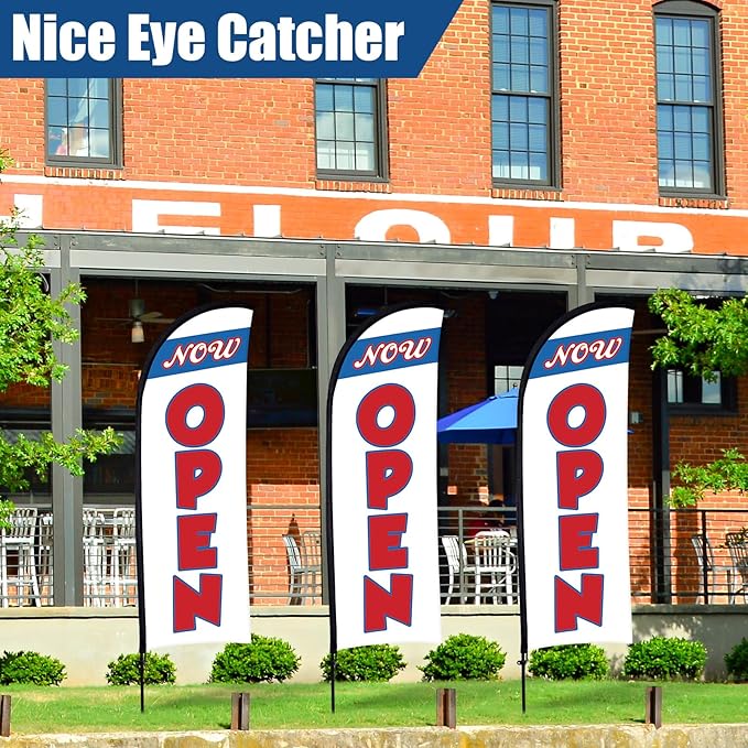 Buryeah 3 Sets Now Open Feather Flag Pole Kit for Business Advertising 7 ft Open Flag Banner Sign with Pole Kit Ground Stake and Portable Bag for Outside Ground (White and Blue)