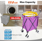 Wellmax WM99100 Series Folding Shopping Cart with Wheels, Grocery Cart with Removable Canvas with Cover, Lightweight Utility Cart for Groceries and Laundry - Holds up to 120 lbs (Purple)