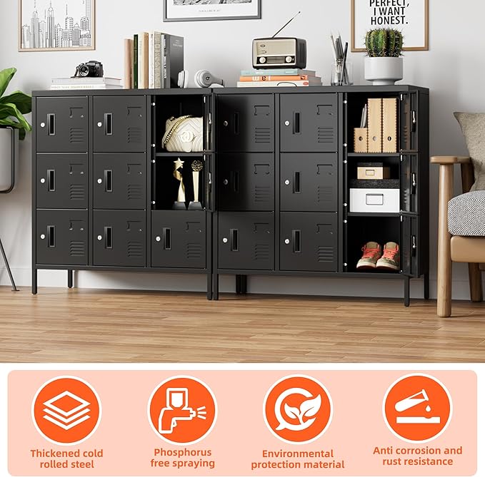 Aobabo 9 Doors Metal Storage Locker for Employees, Steel Storage Locker with Lock and Card Slot, for Home, Office, School, Gym, Require Assembly, Black