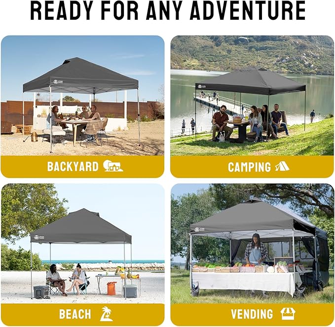 CROWN SHADES 10x10 Pop Up Canopy - Beach Tent with One Push Setup - Easy Outdoor Sun Shade Shelter for Events, Parties - Gazebo with STO-N-Go Cover Bag, Silver Coated Top, Grid Grey