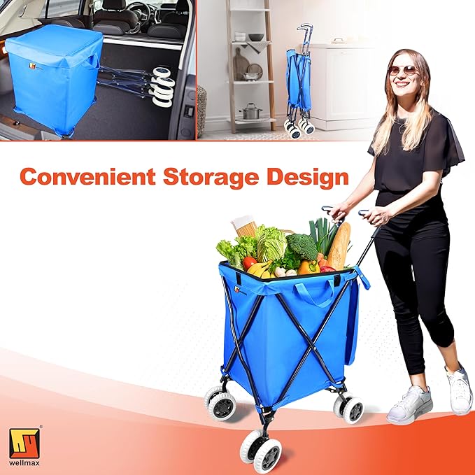 Foldable Shopping Cart with Wheels – Wellmax WM99100 Series Grocery Cart on Wheels with Removable Canvas Bag & Cover, Portable Utility Cart for Laundry, Groceries & More – Holds 120 lbs (Blue)