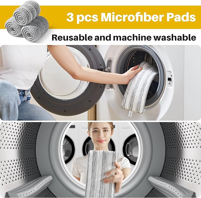 JOYMOOP Industrial Mop and Bucket Set, 17.7-inch Dust Mops for Floor Cleaning, Flat Mop Bucket with Wringer, Include 3 Reusable Microfiber Mop Pads - Yellow