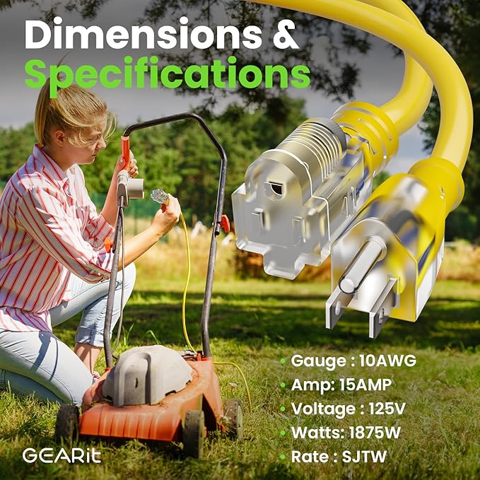 GEARit Outdoor 10 AWG Gauge 3 Prong Plug 100 Foot Extension Cord, Power Cord for Lawn, Garden, Appliances, 10/3, SJTW Heavy Duty for Indoor/Outdoor, All Purpose Weather Resistant, 100 Feet, Yellow