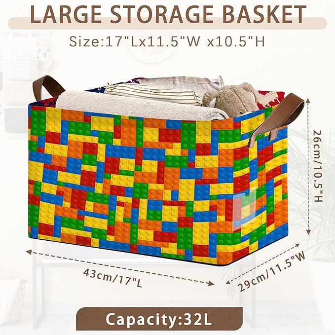Colorful Building Blocks Storage Basket Large 17x11.5x10.5 Inche-Collapsible Fabric Organizer Bin with Handles for Kids Room, Toys, Playroom-Decorative Hamper with Educational Block-Single Pack