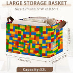 Colorful Building Blocks Storage Basket Large 17x11.5x10.5 Inche-Collapsible Fabric Organizer Bin with Handles for Kids Room, Toys, Playroom-Decorative Hamper with Educational Block-Single Pack
