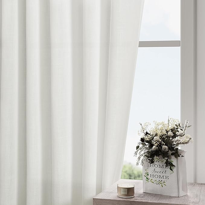 Off White Semi Sheer Linen Curtains 94 inch Length for Living Room Back Tab Rod Pocket Modern Farmhouse Coastal Decor White Cotton Textured Gauze Curtains 94 inches Long for Dining Room Office