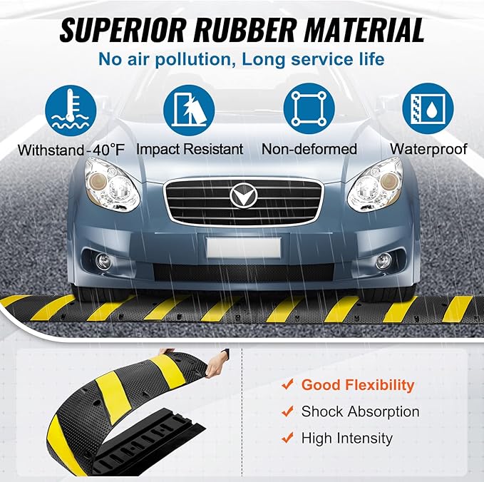 VEVOR 2PCs 6 ft/72'' Rubber Speed Hump, 2 Channel, 22000 lbs Capacity Heavy Duty Traffic Speed Bump, with High Reflective Yellow Strip 8 Expansion Screws and 1 Drill, for Asphalt Concrete Gravel Roads