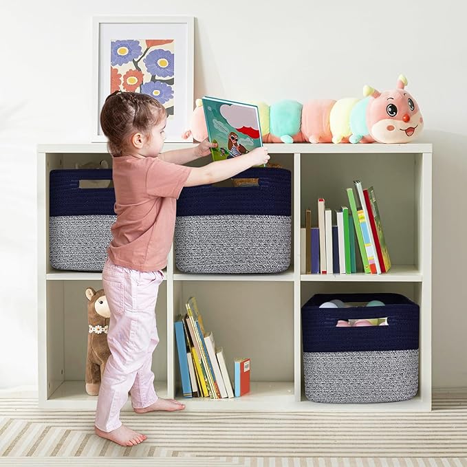 Shelf Woven Storage Basket, 15 x 10 x 9” Closet Rope Baskets For Organizing, Square Bins with Handles, Grey+Blue