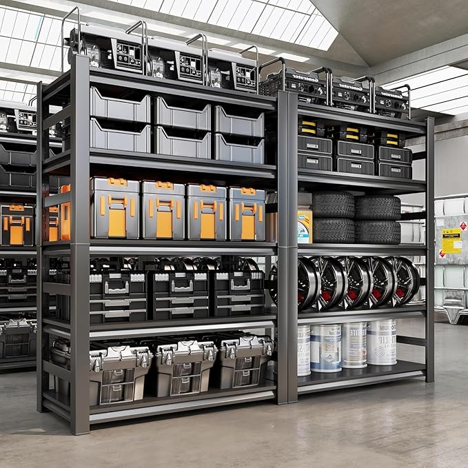 Garage Shelving Units, Heavy Duty 5-Tier Storage Shelves, Metal Adjustable Storage Rack, Steel Shelves, 2750 lbs Capacity, Industrial Shelving for Heavy Tools (Black, 18"Dx47"Wx78"H, 5-tier)