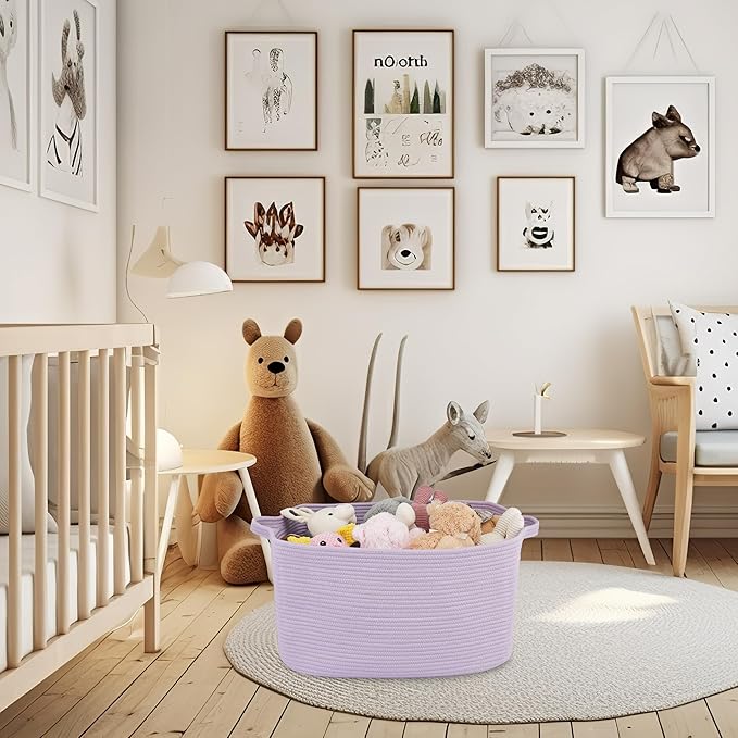 Large Rectangle Blankets Basket Living Room 22"x17"x12" Woven Cotton Rope Storage Baskets for Nursery Toy Basket for Kids Wicker Laundry Baskets Bin for Clothes Towels purple or Lavendor