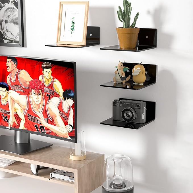 6 Inches Acrylic Small Wall Shelves 2 Pack, Floating Shelf for Wall Mounting, Acrylic Display Ledges for Funko Pop Figures, Home Décor, Living Room, Gaming Room, Plants(6 inch, Black)