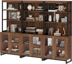 WAMPAT 3 PCS Modern 72" Tall Bookcases with Glass Doors and Adjustable Shelves, Library Book Shelf with Storage Cabinet and Open Book Shelfs, Wood Bookshelves for Home Office, Living Room, Brown