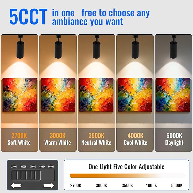 5CCT LED Track Lighting Heads Dimmable 20W 5CCT 2700K/3000k/3500k/4000k/5000k,Versatile H Track Lighting Heads,Zoomable Beam 15° to 60° Ideal for Accent Art and Task Lighting, (Black, 4 Pack)