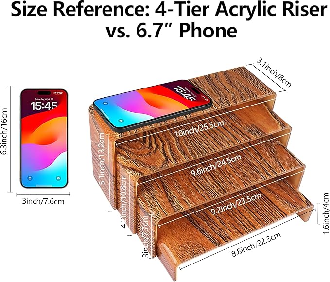 ELEGANTLIFE Acrylic Display Riser,4.3mm Heavy Duty Crystal Display Stand Shelf Layered Aesthetic, Jewelry Display Shelf Risers for Décor,4 Pack Set Multi-color (Dark Wood Imitation)