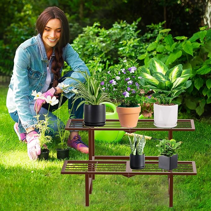 Plant Stand Indoor Outdoor, 2-Tier Foldable Metal Ladder Plant Stands, Stackable Metal Plant Shelf Decorative Flower Pot Holder Display Rack for Garden Living Room Patio,Brown