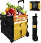 Inspired Living Ultra-Slim Rolling Collapsible Storage Pack-N-Roll Utility-carts, with Telescopic Handle, for Home, Garden, Shopping, Office, School use, Medium, Yellow & Black